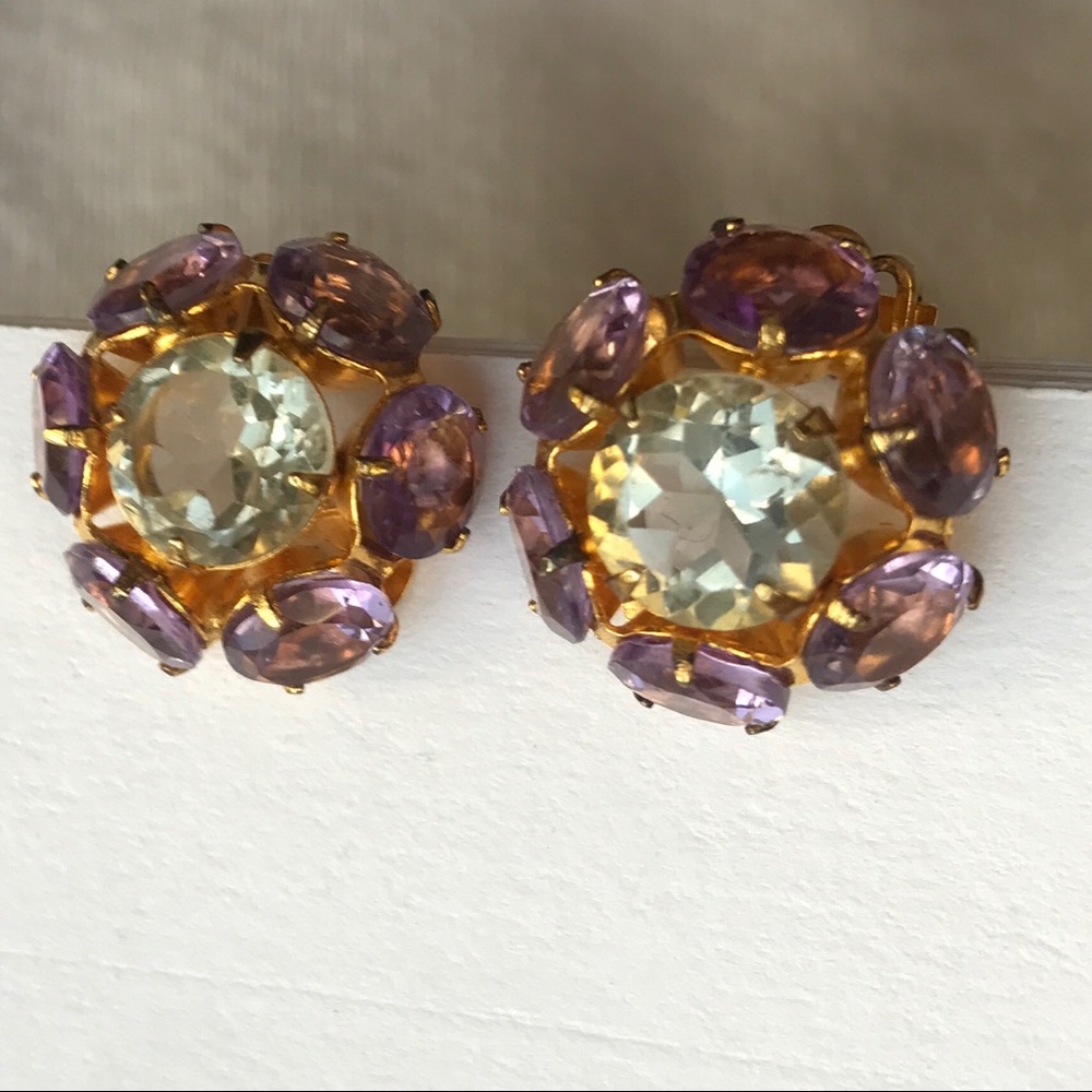 Bounkit Clip-On Button Earrings Amethyst and Gold